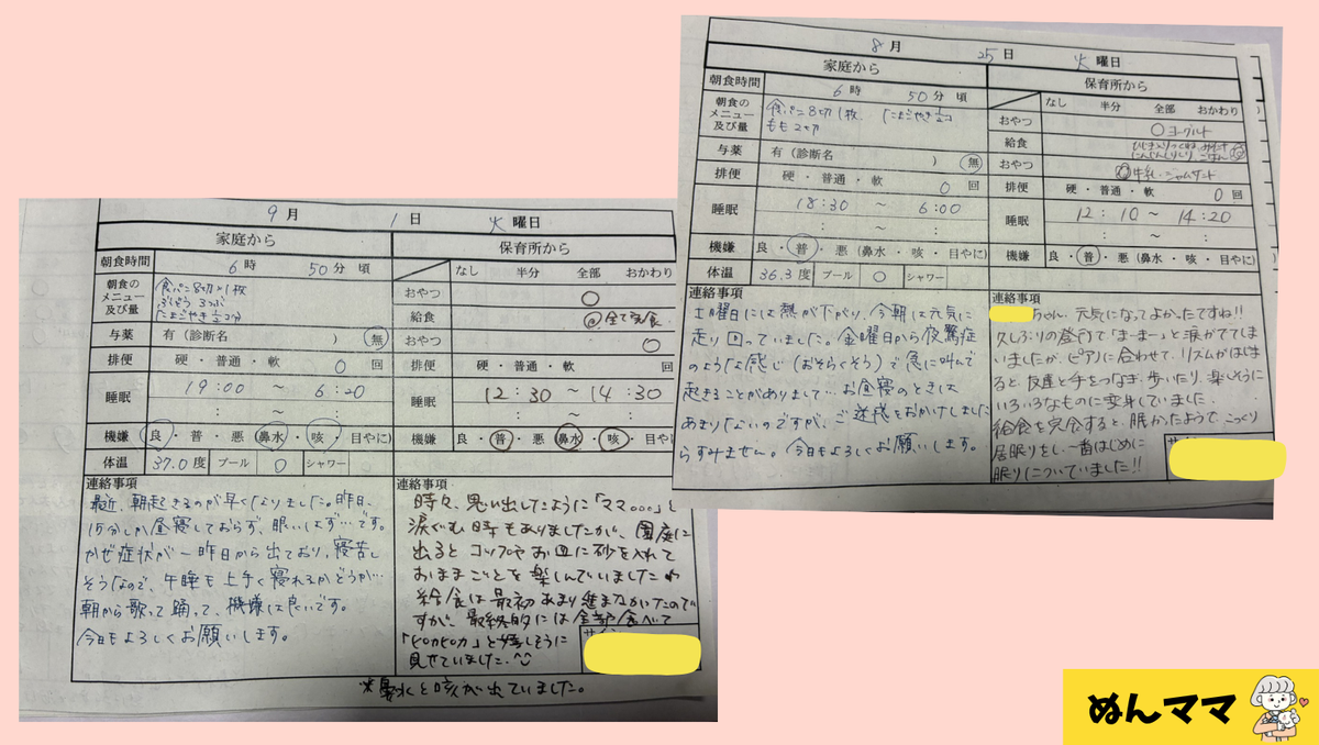 実際の連絡帳